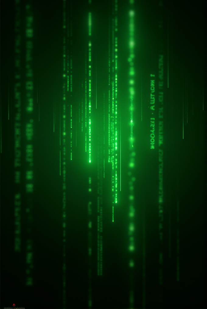 A stream of green digital code characters flowing vertically, reminiscent of 'The Matrix' style visual.