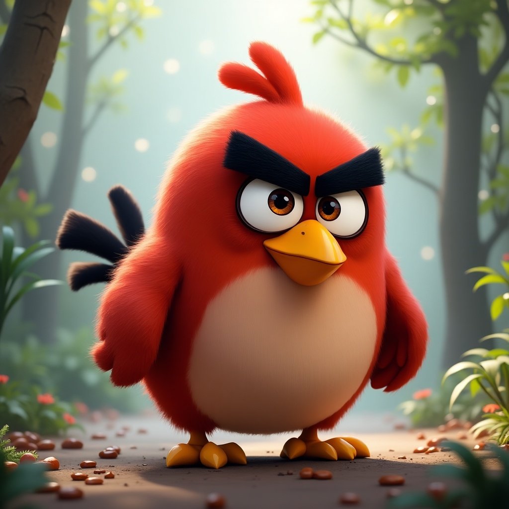 One cartoonish red angry bird in a forest. The bird has large eyes and an exaggerated expression. Background features gentle greenery and soft light. Bird appears confident.