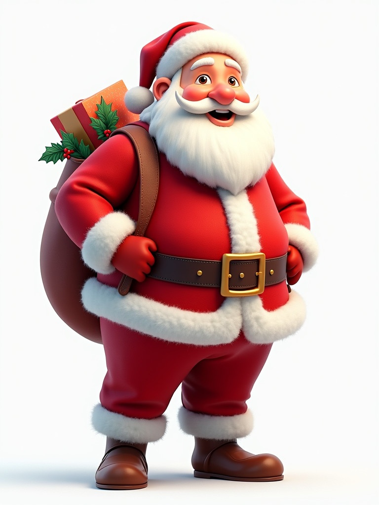 Character resembling Santa Claus inspired by a joyful theme. Dressed in bright red coat and pants with white fur trim. White beard. Carrying bag of gifts. Simple background to highlight the red outfit.