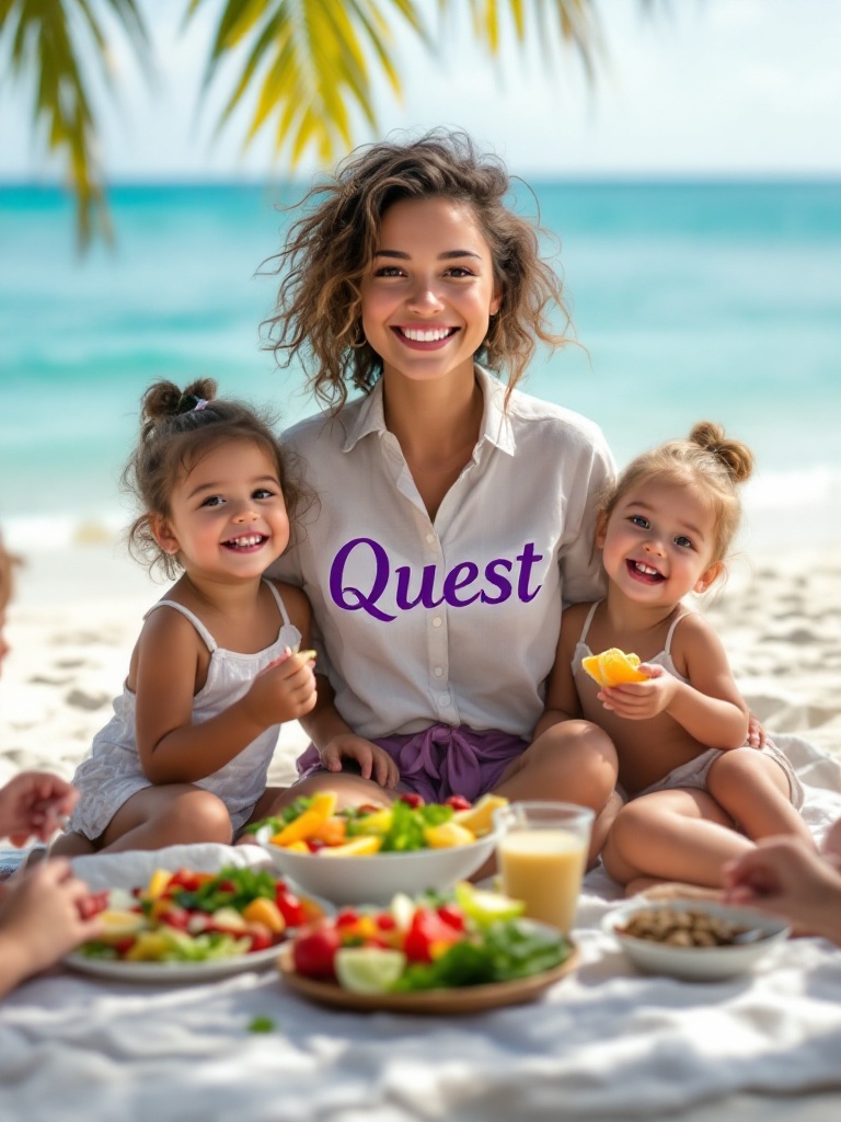 Serene Caribbean beach with white sand and turquoise waters. A friendly young woman and three lively children enjoy a picnic on a blanket. The woman wears a shirt with the word Quest in purple. Colorful healthy foods are spread around them. The atmosphere is joyful and vibrant.