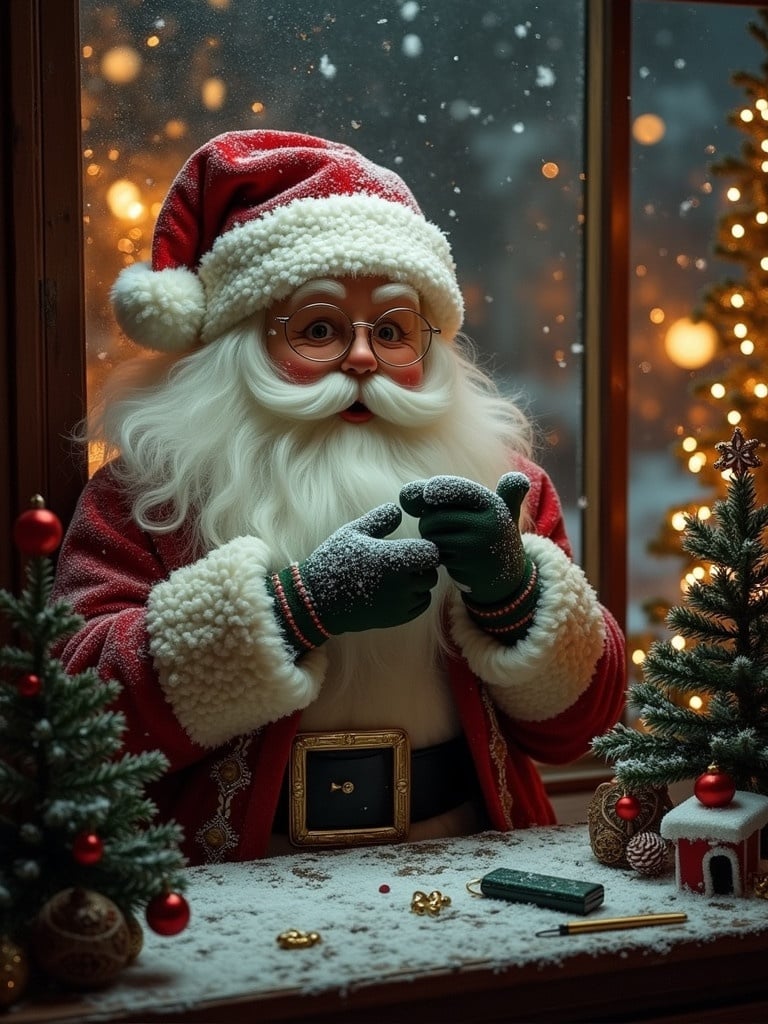 Santa Claus sitting at a table adorned with festive decorations. Snowflakes falling outside the window. Cozy and warm atmosphere with Christmas lights. Santa holding small objects in hands. Table covered with holiday-themed items.