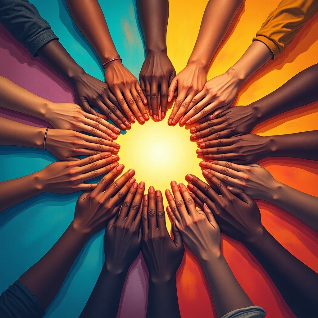 Several hands reaching towards a bright center. Different skin tones represent diversity. Hands are arranged in a circle. The background has vibrant colors. The image conveys unity and collaboration.