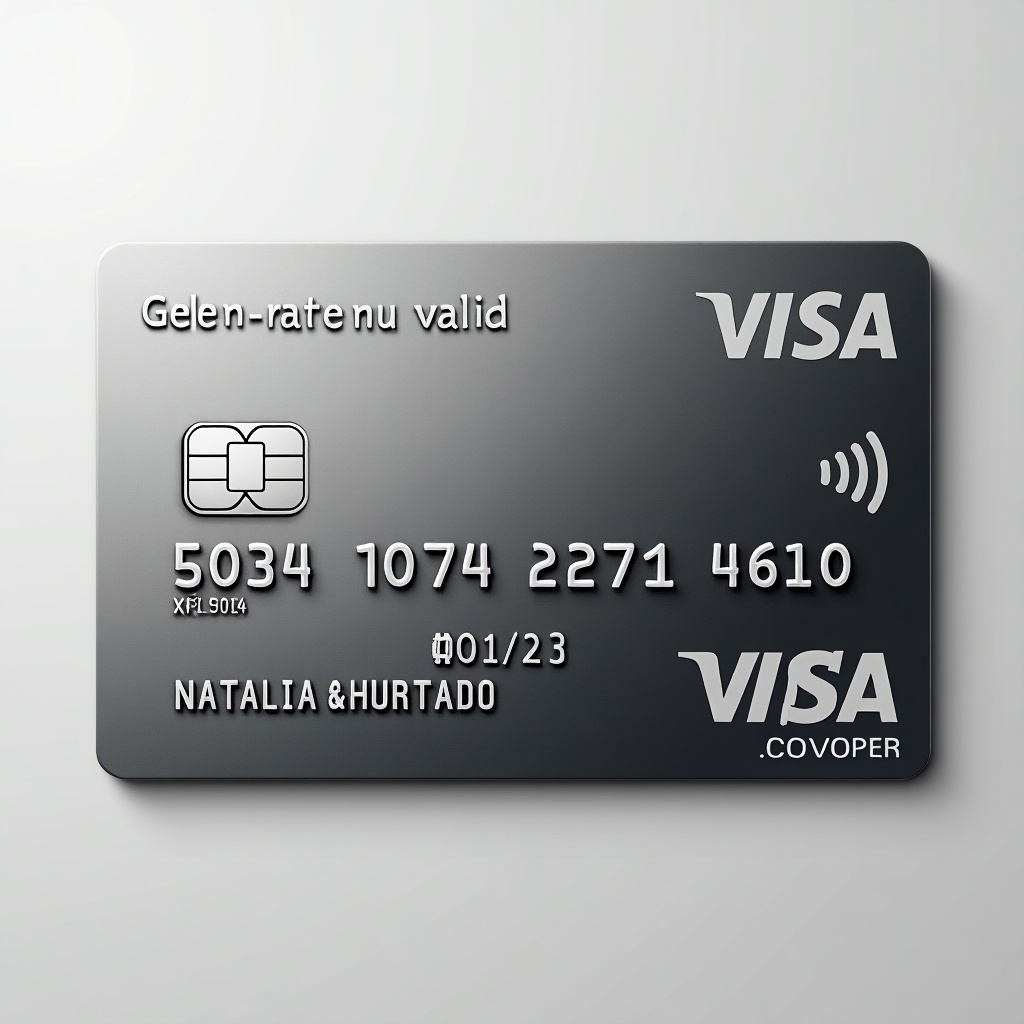 Realistic image showcases a credit card featuring distinct details. Card has a sleek design with the Visa logo. Generates a valid credit card number. Cardholder's name is Natalia Hurtado. Expiry date reads 10/27. Clean appearance with dark silver background and bold black font.