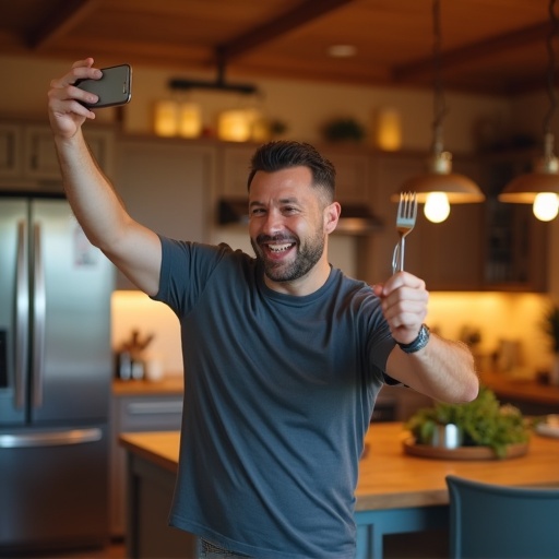 Image of a man taking a selfie in the kitchen. He holds a smartphone in one hand and a fork in the other. The kitchen is well-lit and inviting. The man has a cheerful expression.