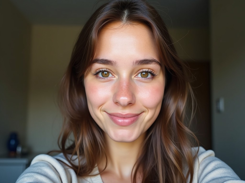 This image depicts a young woman, approximately 21 years old, taking a selfie. She gazes directly into the camera with a neutral expression, her features relaxed. The background is intentionally soft-focused and dull, allowing her face to take center stage. Her skin texture is highly detailed, and the natural lighting emphasizes her beautiful features. This hyper-detailed shot resembles a casual Snapchat picture, showcasing the simplicity of everyday life. It's captured in stunning 4K UHD quality, making it feel lively and authentic.