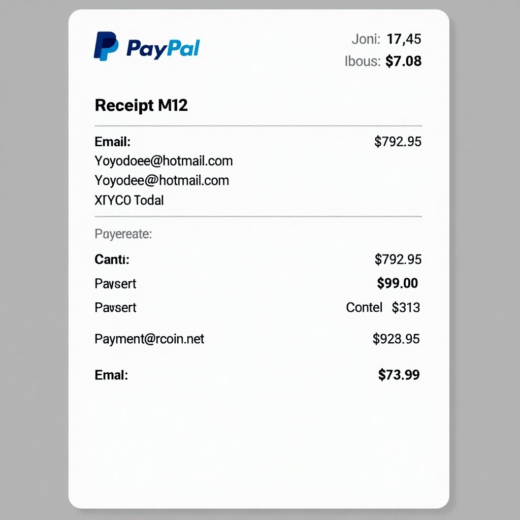 This image depicts a PayPal payment receipt. Details include sender and recipient email addresses and transaction amounts.