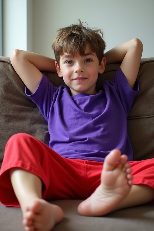 A 12 year old boy dressed in baggy vibrant red shorts bright purple shirt. He sits comfortably in a well-lit room with hands behind his head. His bare feet are visible with wet soles facing the camera. The boy's posture and direct gaze create a strong connection with viewers.