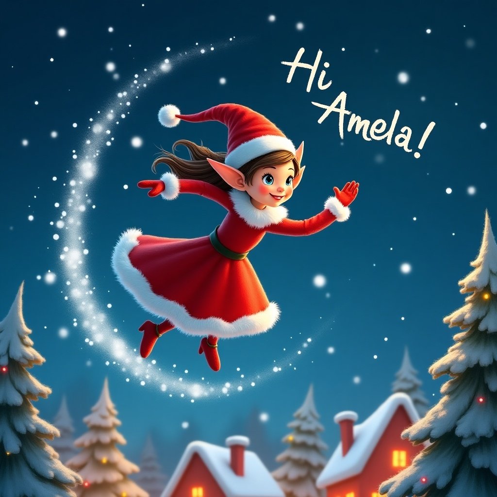 Realistic female Elf on the Shelf flying through the night sky. Trail of snow writes 'Hi Amelia!'. Elf appears cheerful and focused. Flying over a snowy village with trees and Christmas lights.