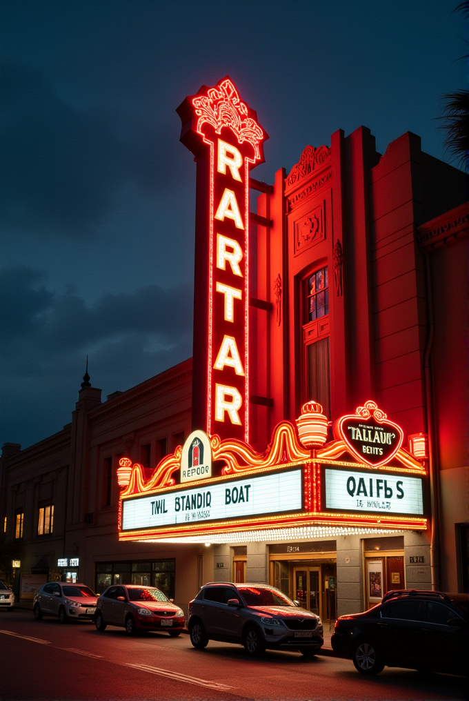 A brightly lit, vintage movie theater with a prominent neon sign glowing red against a darkening sky.