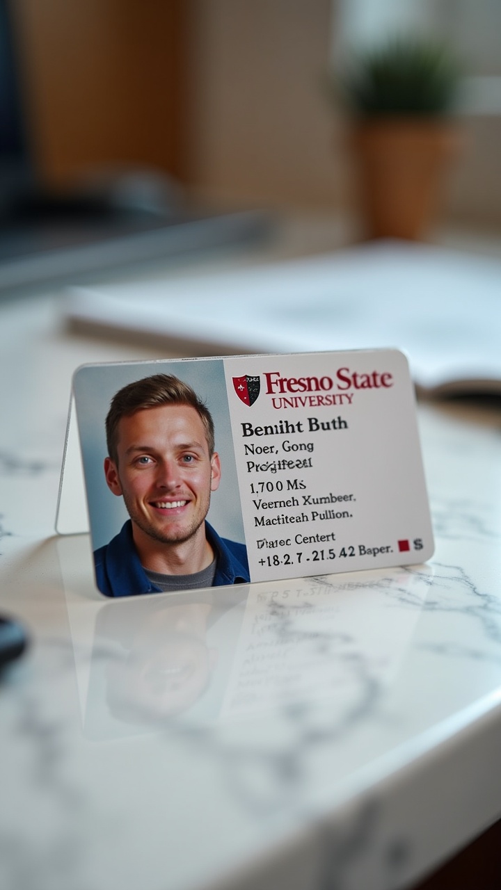 Close-up of a university ID card on a marble surface, showing a person's portrait and text details from Fresno State University.