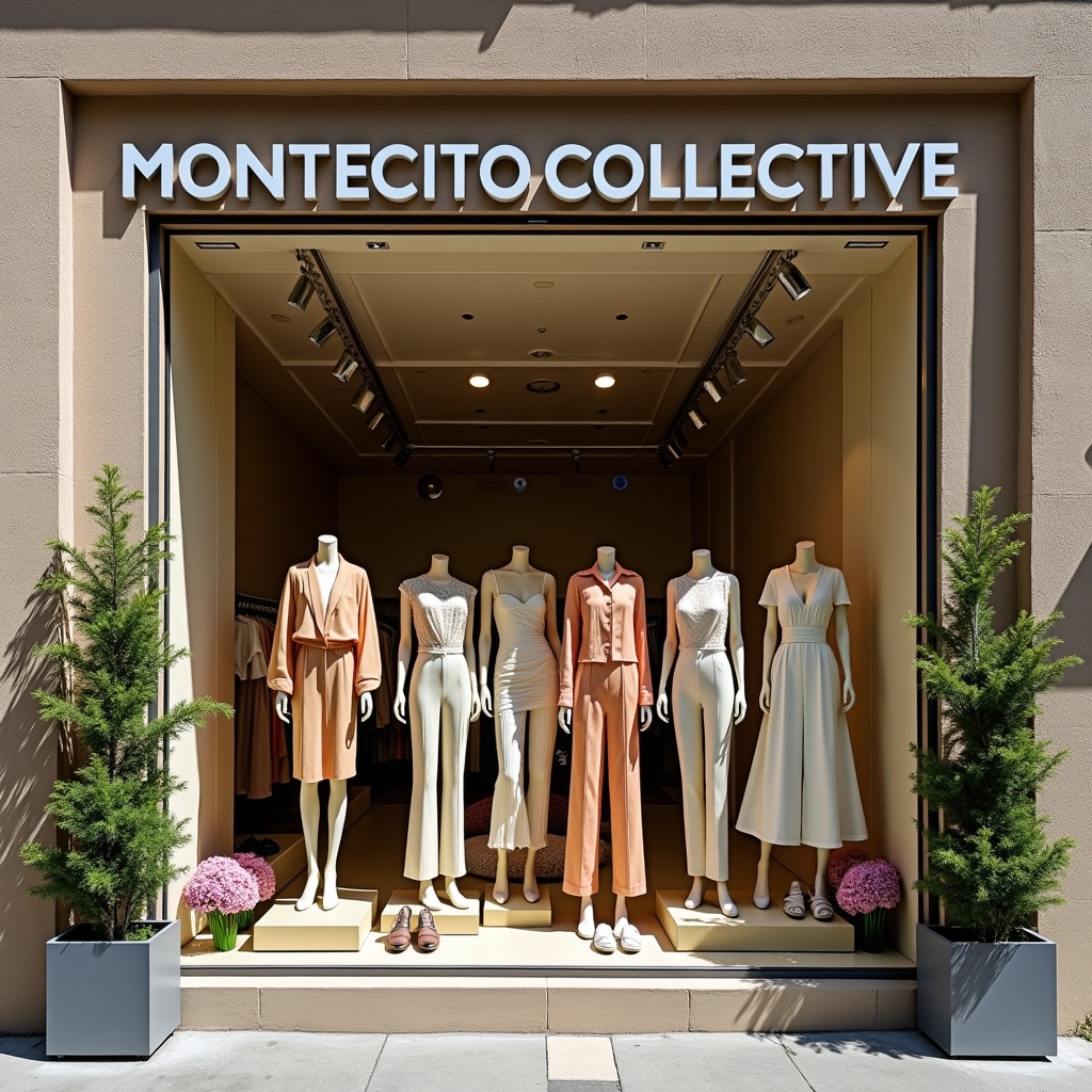 This image features a fashion store named 'MONTECITO COLLECTIVE,' prominently displayed above the entrance. The window showcases elegantly dressed mannequins in various women's clothing styles, representing contemporary fashion. The store has a warm stucco facade with vibrant flowers and plants flanking the entrance. Bright sunlight floods the scene, enhancing the clothing's details and creating an inviting atmosphere. This daytime setting highlights the aesthetics of modern retail and fashion merchandising.