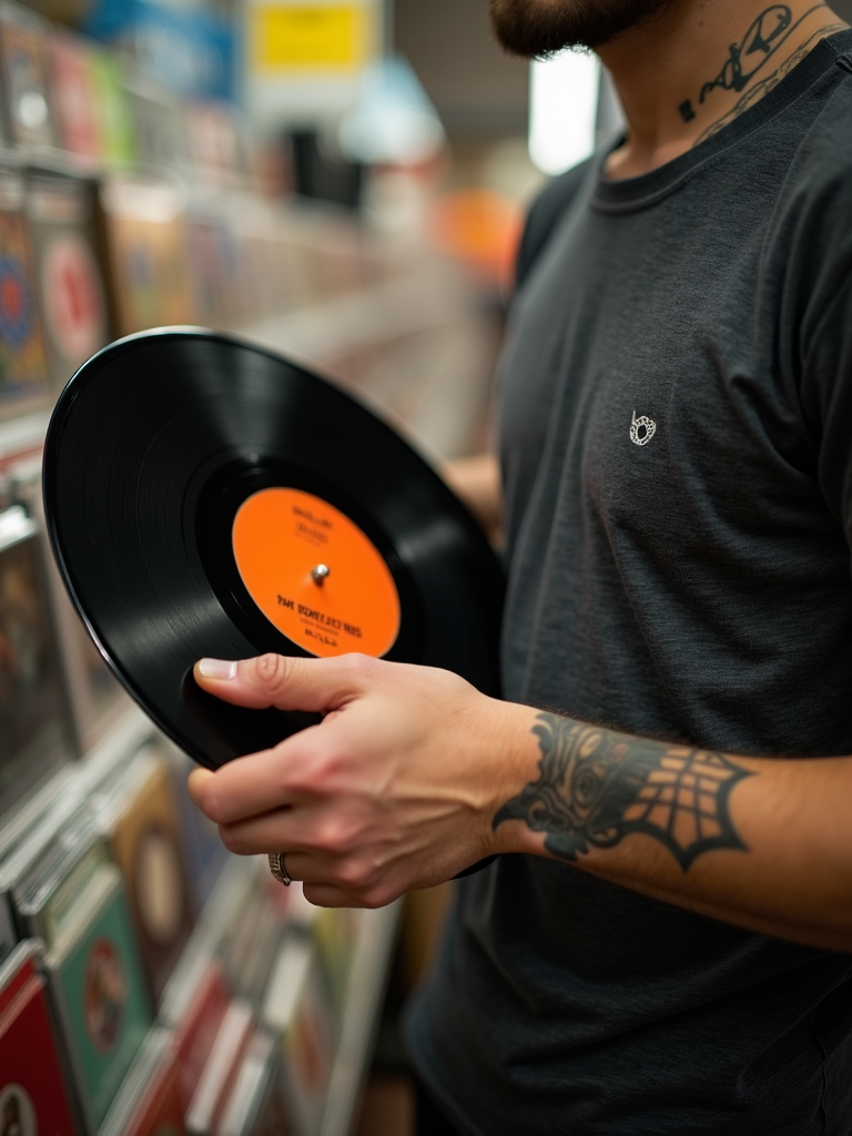 A person holding a vinyl record in a music store, showcasing a tattooed arm.