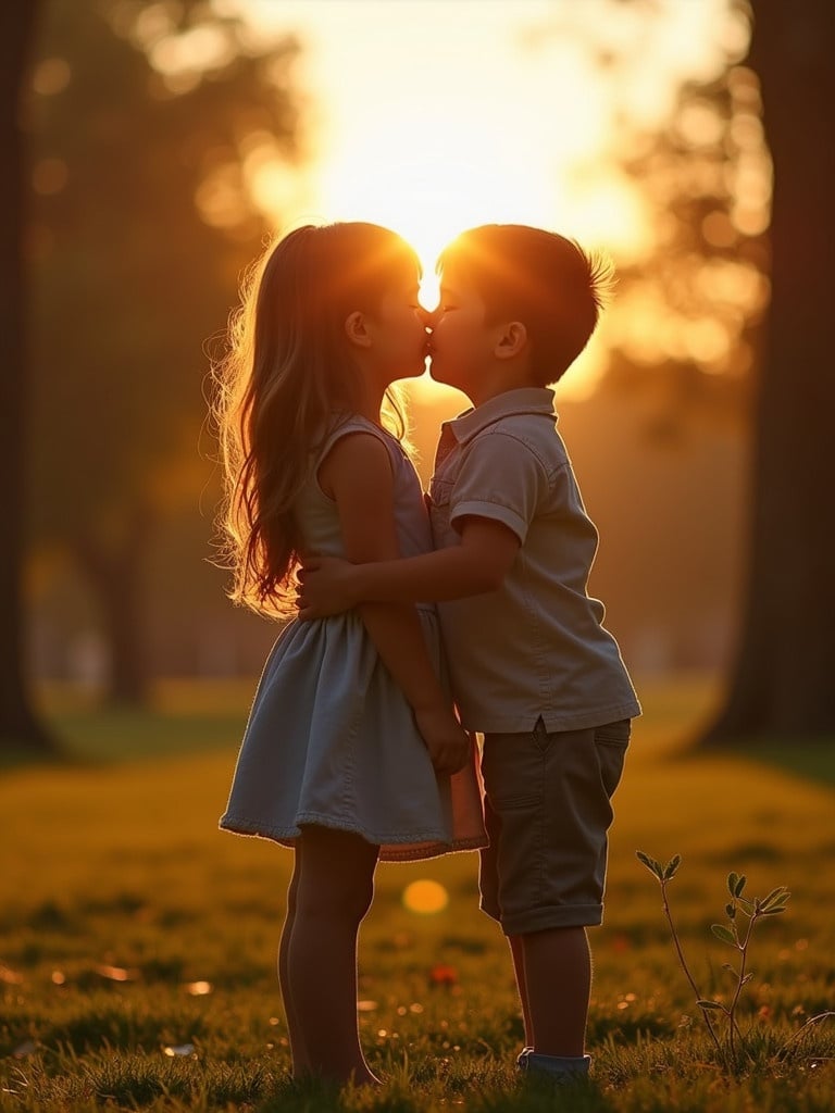 A girl and boy are sharing an innocent kiss in a park at sunset. The warm light creates a magical atmosphere. They are standing close together, showcasing the bond of childhood friendship.