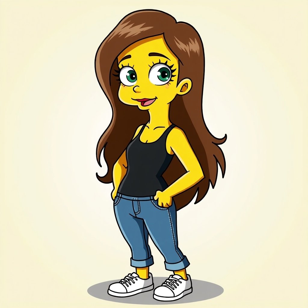 Cartoon character design showcasing a young female teen. Character has long brown hair, green eyes with eyelashes, wearing a black top and jeans. Accessories include white shoes.