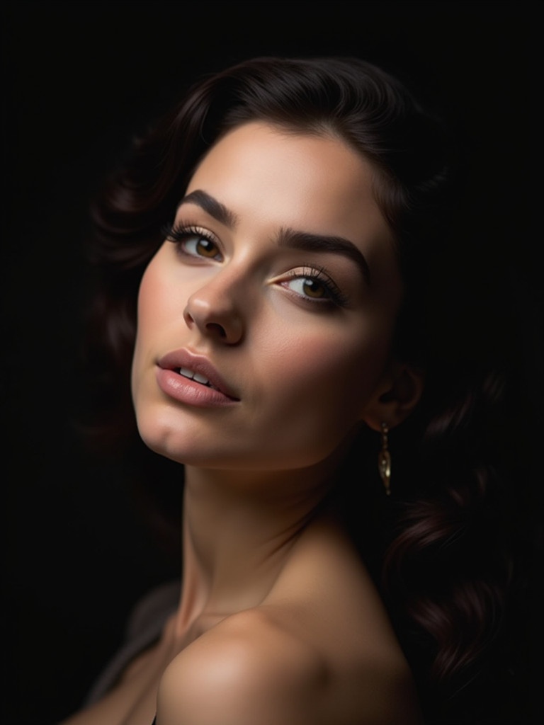 A portrait of a woman with captivating eyes. Softly lit against a dark background. Emphasis on shoulder and neckline.