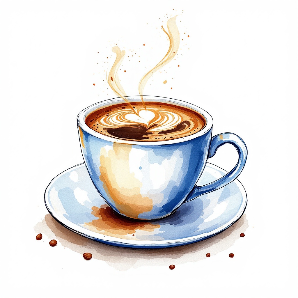 A watercolor illustration of a coffee cup on a plate. Steam rises from the coffee, revealing an artistic swirl. The background is white, offering a clean presentation.