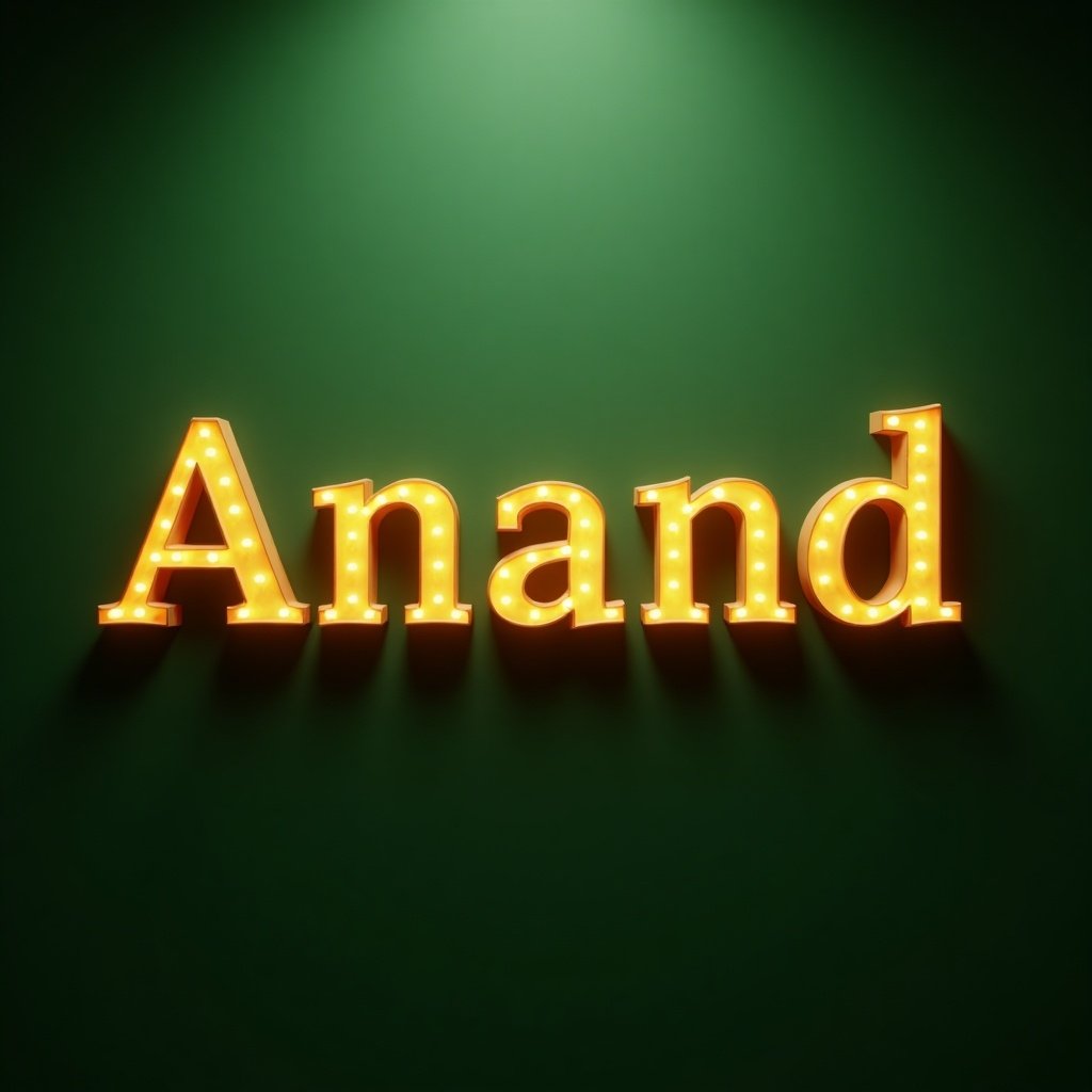 Golden letters spelling Anand against a green background. Blurry background adds depth. Inspired by cinematic styles with dynamic lighting. Incorporates bar aesthetics and PBR techniques.