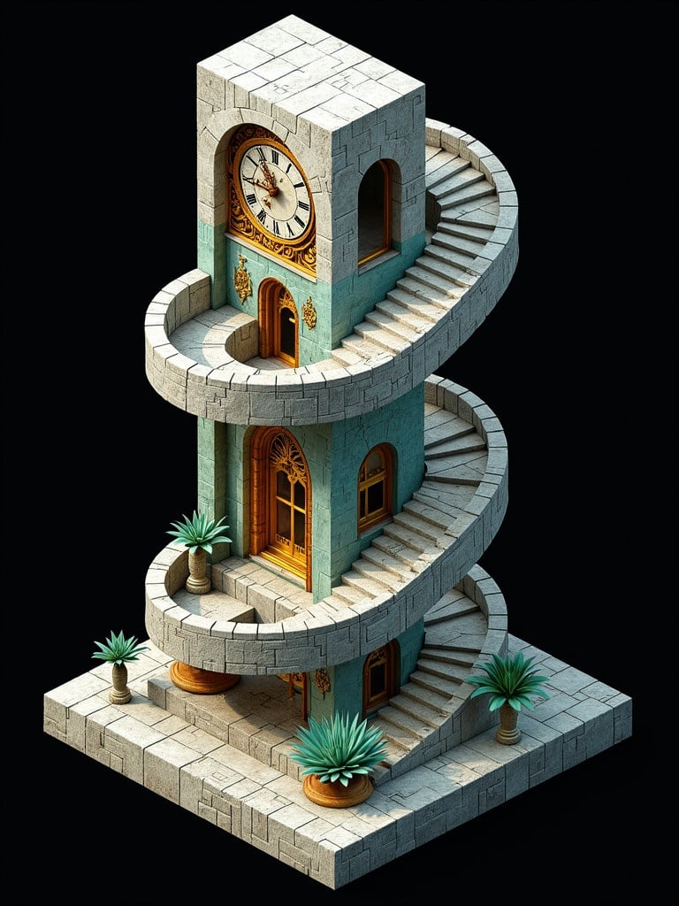 Scene features an Incan clocktower resembling M.C. Escher's style. Tower includes impossible geometries with interconnecting elements. Prominent spiral staircase and high arches are visible. Centerpiece is a sculpted mechanical clock made of silver turquoise and gold placed against a black background. Potted green succulents enhance the scene.