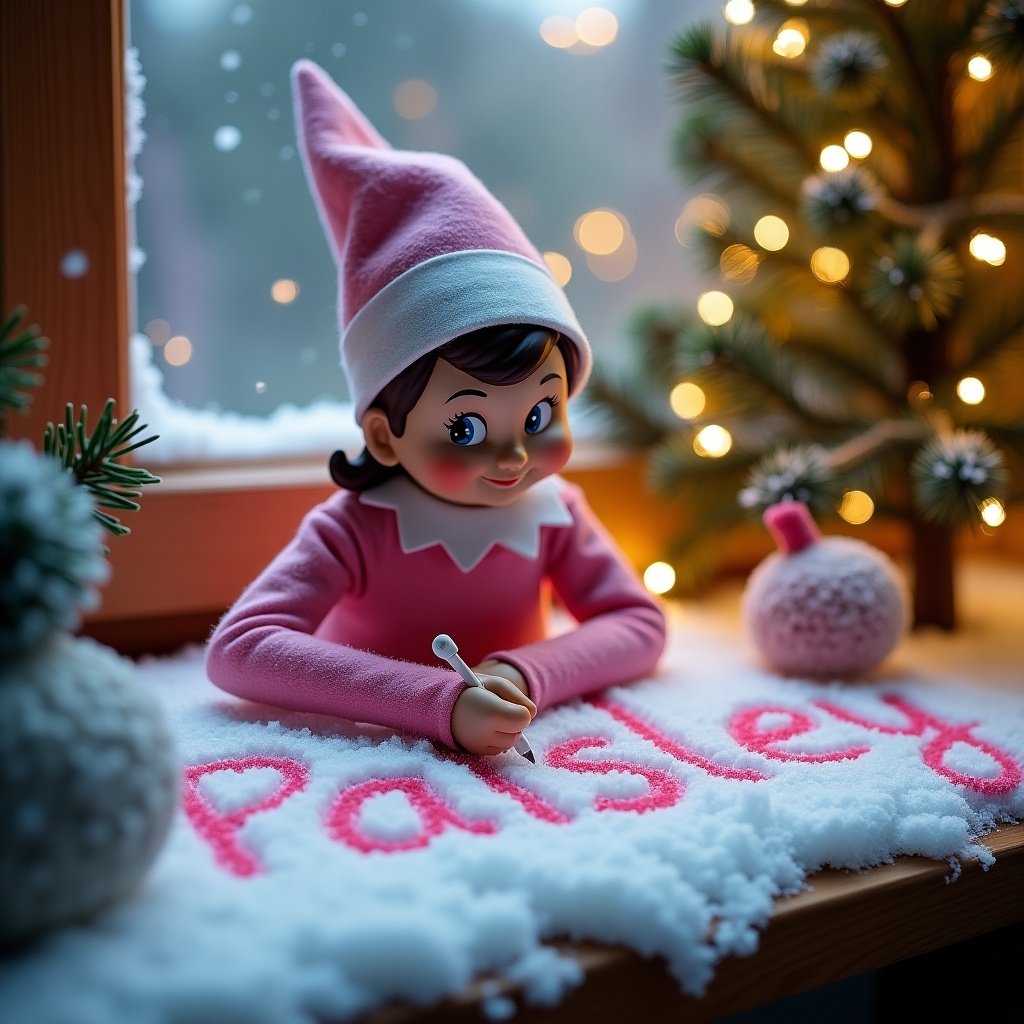 Pink elf doll writing in snow. The elf is seated at a window with snow outside. Elf has brown hair and a pink outfit. Snow is fluffy and white. Holiday lights are adorning the background. The name 'Paisley' is written creatively in the snow.