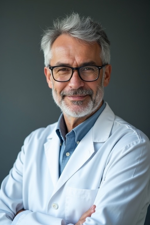 A professor in a white lab coat has grey hair. The professor wears a blue shirt underneath the lab coat. The arms are crossed showing confidence. The background is neutral and enhances focus on the subject.