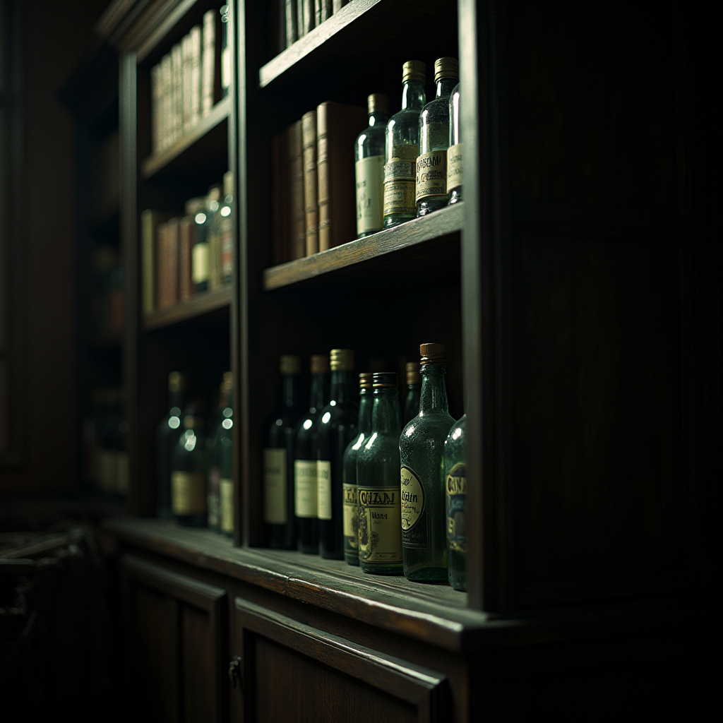 A dimly lit shelf featuring an array of vintage bottles and books.