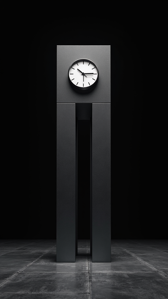 A minimalist black clock tower with a white face stands in a dimly lit, modern industrial setting.