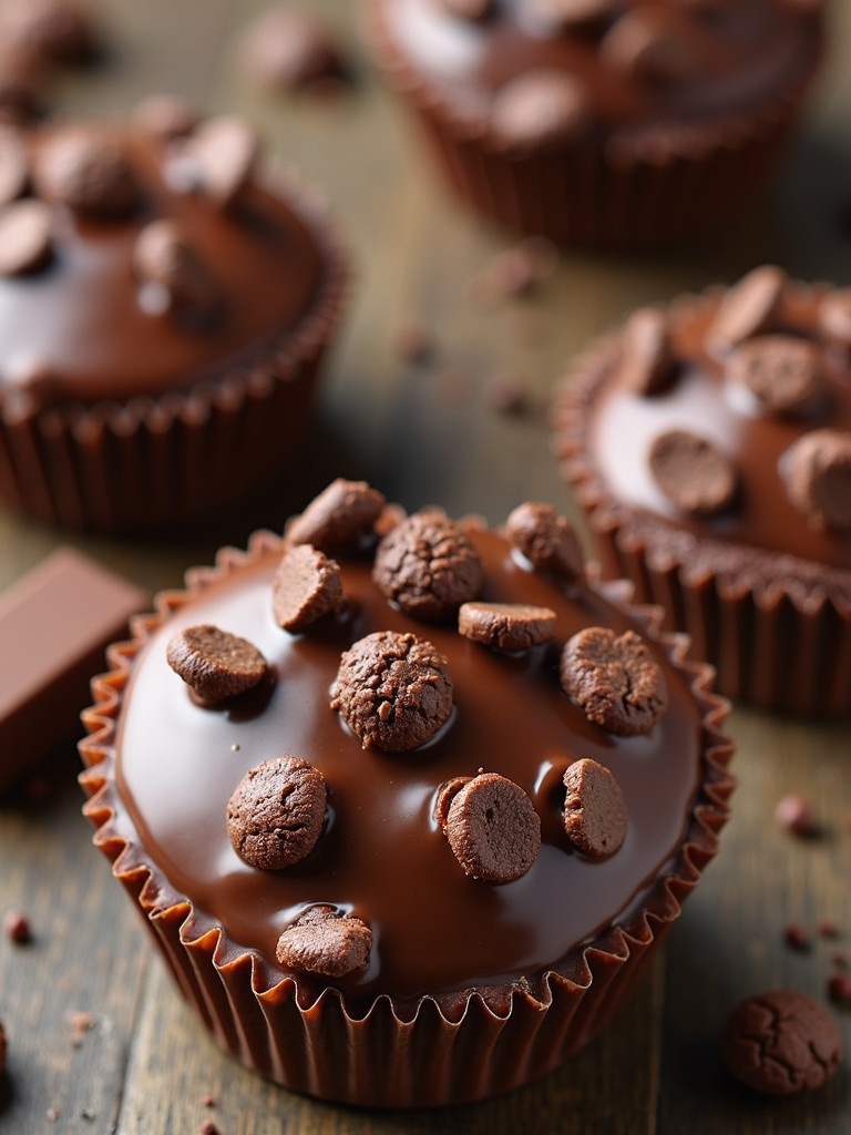 Chocolate cupcakes with shiny frosting topped with cookie pieces. Dark wooden background enhances the rich colors. Ideal for dessert lovers or bakers. Perfect for promoting sweet treats in various media.