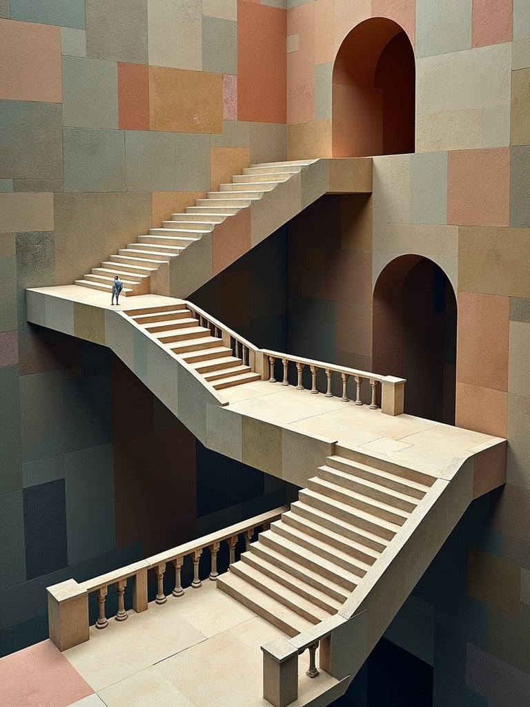 Generate a surreal scene inspired by the art of M.C. Escher. Include stairs and arches that create impossible geometries. Show elements that interconnect in unexpected ways. Use different perspectives that challenge perception. Ensure a smooth transition between the foreground and background.