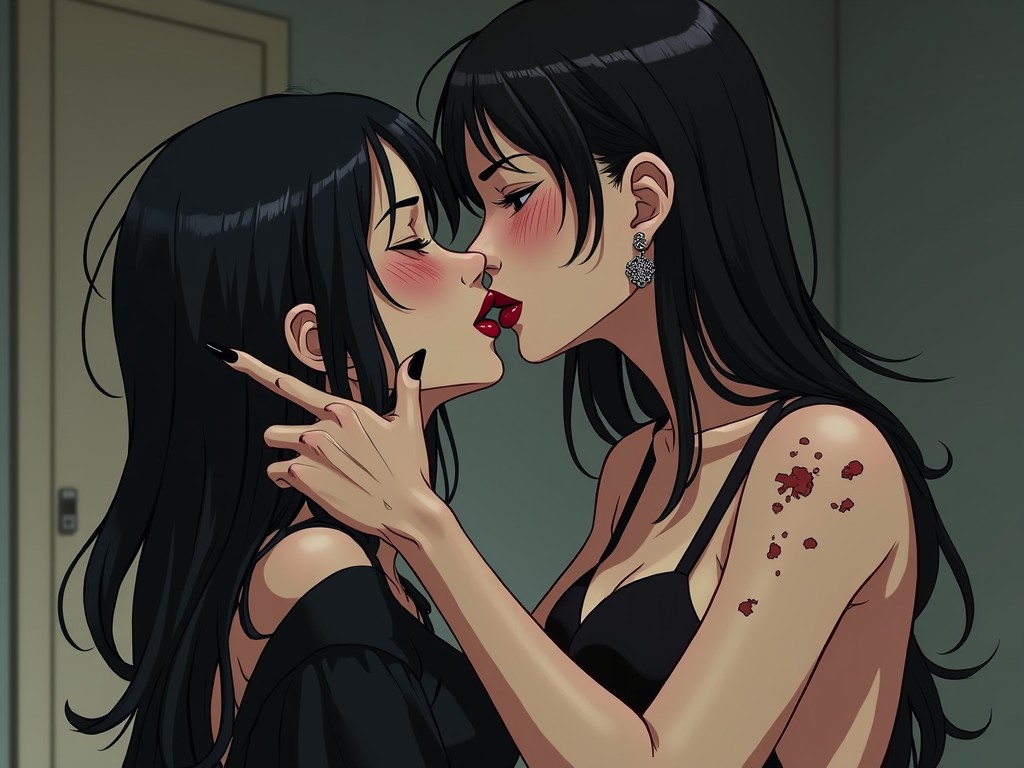 This illustration depicts two women in a romantic embrace, highlighting the intensity of their connection as they leaned in for a kiss. Both are dressed in black and display detailed facial expressions and gestures. The image captures subtle details like a tattoo or mark on one's shoulder, adding intrigue to the scene.