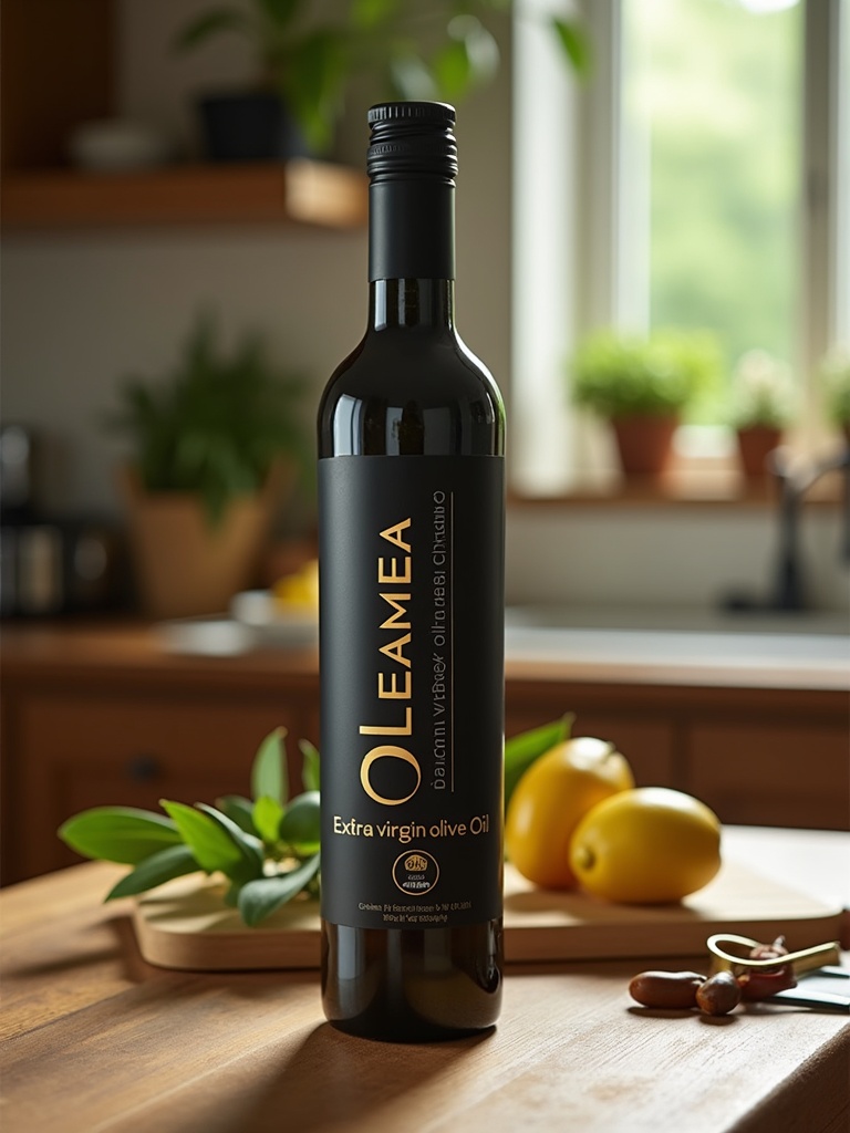 Lifestyle-focused product shot of Oleamea extra virgin olive oil. Sleek black bottle with gold accents. Presented in softly lit kitchen with wooden elements and green plants. Highlights quality and organic nature of the product.