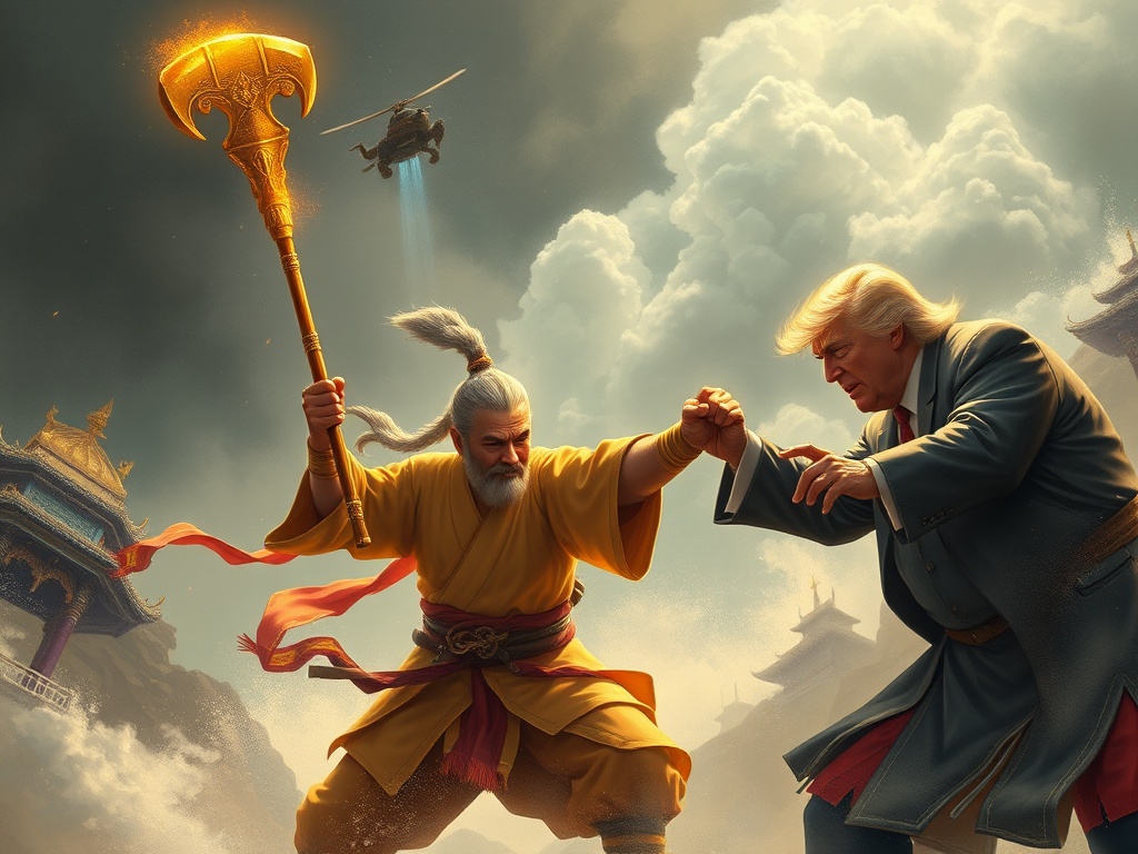 A mythical warrior and a suited figure engage in a dramatic face-off, with a helicopter overhead and ancient temples in the background.