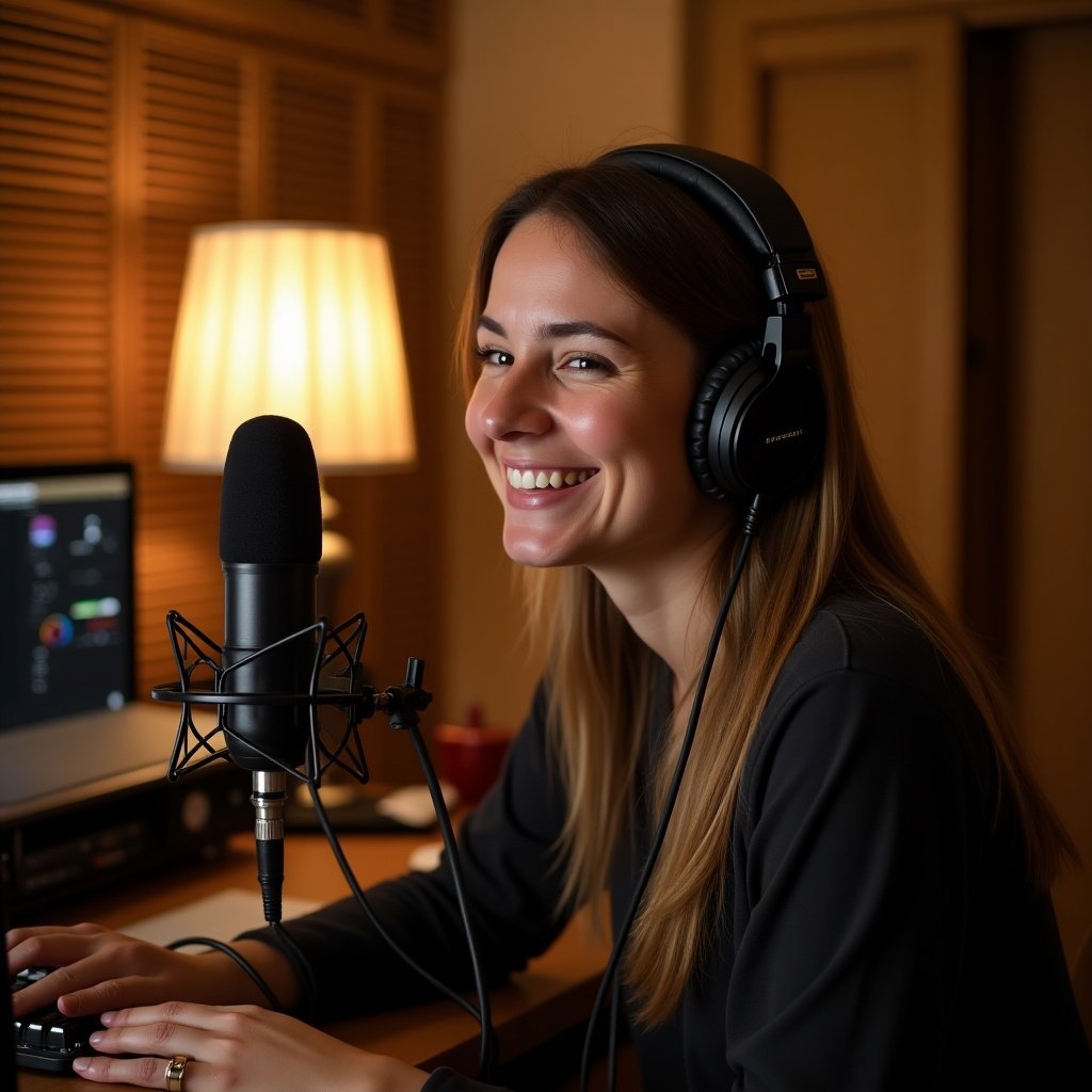 A person is sitting in a comfortable home studio, wearing headphones and smiling at a microphone. The background features a warm lamp that adds to the cozy ambiance. The setting suggests a relaxed atmosphere, perfect for podcasting or content creation. The person appears engaged and happy, indicating a positive experience while working. There are elements like a computer showing audio software, suggesting a professional yet personal workspace.