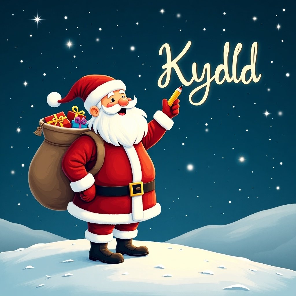 Santa Claus stands on snowy hill under starry night. He is writing names in the sky with a pencil. He is dressed in red and white. A large sack of gifts is on his back. The name 'Kydd' is displayed in a whimsical font.