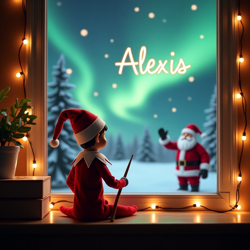 The image features a cozy Christmas scene with an elf on the shelf, sitting with his back to the viewer. The elf holds a wand and is writing the name 'Alexis' in the night sky. Outside, a magical winter landscape is visible, adorned with sparkling northern lights and Santa Claus waving in the distance. Warm light from string lights creates a festive ambiance in the room. The elf is dressed in a traditional red suit and hat, embodying the cheerful spirit of Christmas, making this enchanting scene perfect for capturing the wonder of the holiday season.