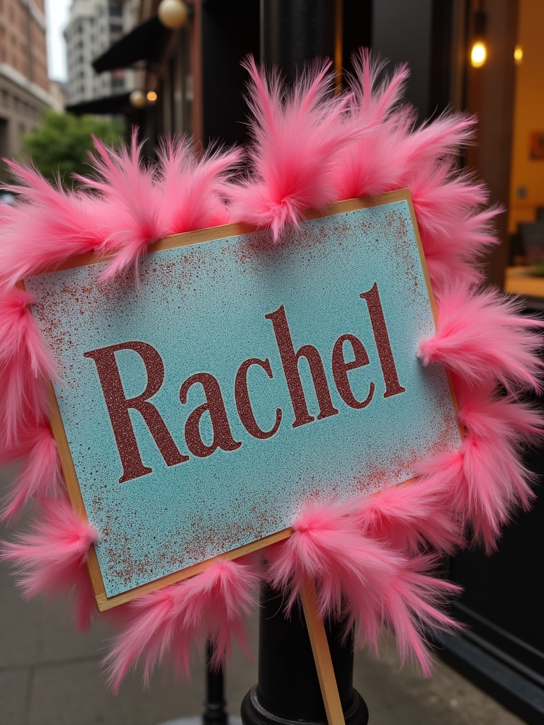 Sign reads Rachel. Sign features pink feathers and glitter embellishments. Displayed on a street pole with a city background.