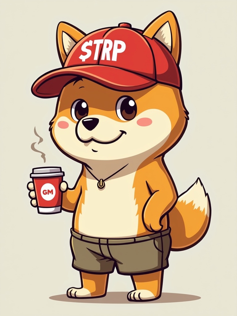 Animated cartoon character of a Shiba dog. The dog wears a red baseball cap labelled $TRP. The dog is dressed in man's beach outfit. The dog holds a cup of coffee labelled GM.