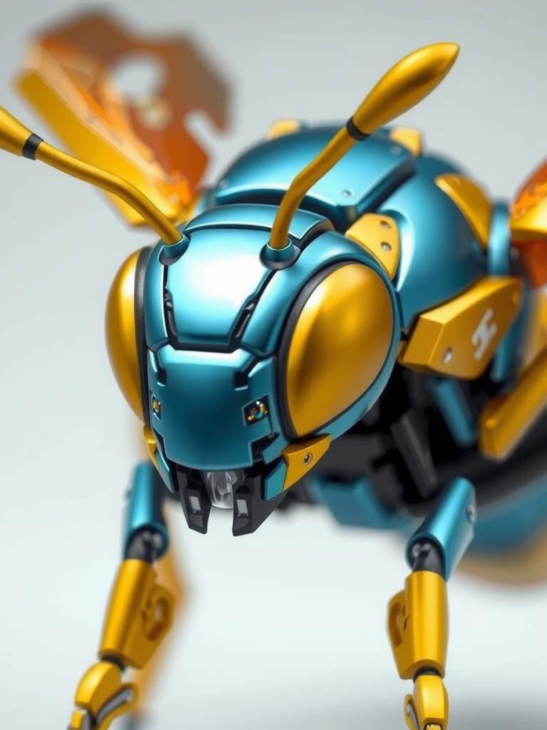 This is an artistic rendering of a robotic insect, designed to resemble a bumblebee. The body showcases sleek metallic surfaces with vivid turquoise and gold colors. The design includes smooth curves and articulated joints, suggesting advanced technology and precision engineering.