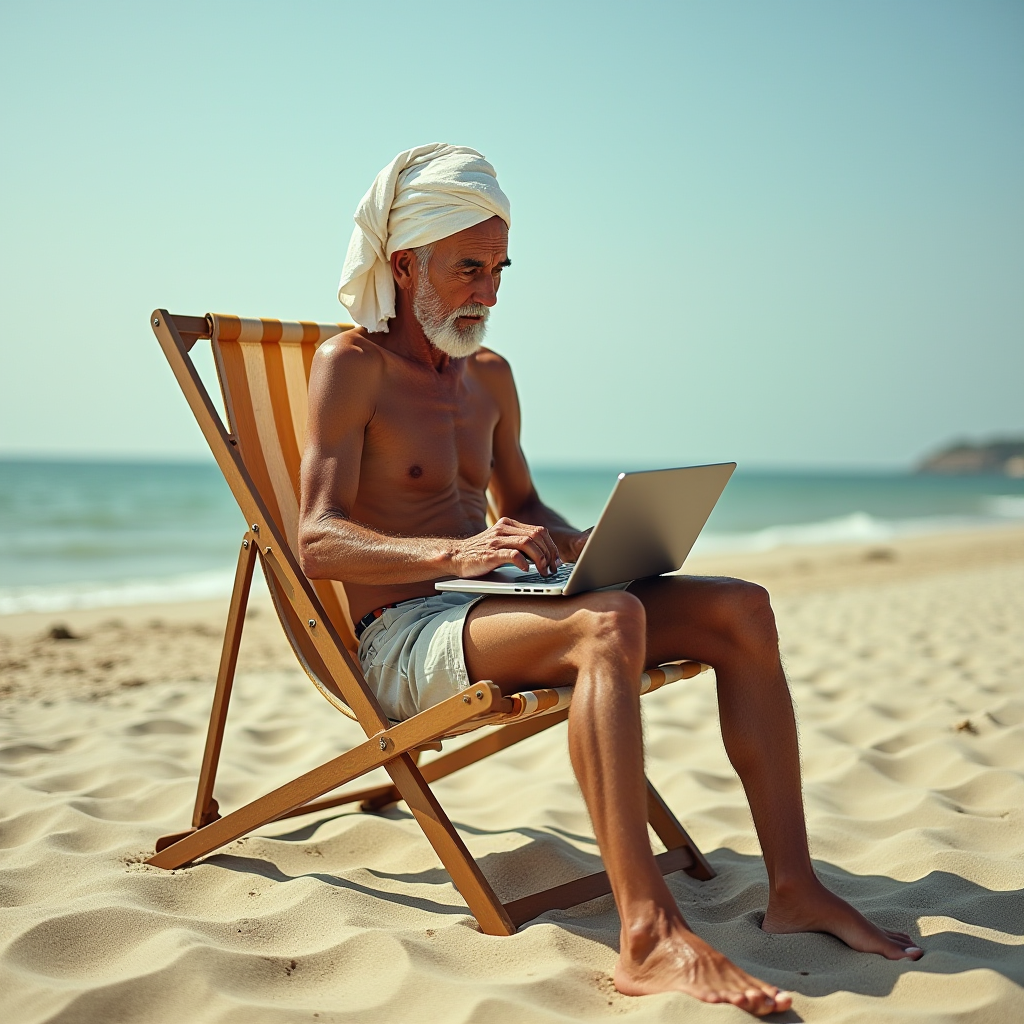 An elderly man sits on a deck chair at the beach using a laptop.