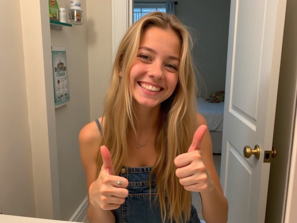 A young person takes a selfie in a bathroom with a neutral background. They have long blonde hair and are wearing a denim outfit. The setting is casual, with some bathroom items visible in the background. While posing, they give a thumbs up hand sign, smiling cheerfully. The lighting is soft, enhancing their facial features. The overall mood of the image is positive and friendly.