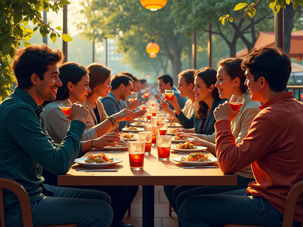 A group of people enjoy a dinner together at a long table outdoors.