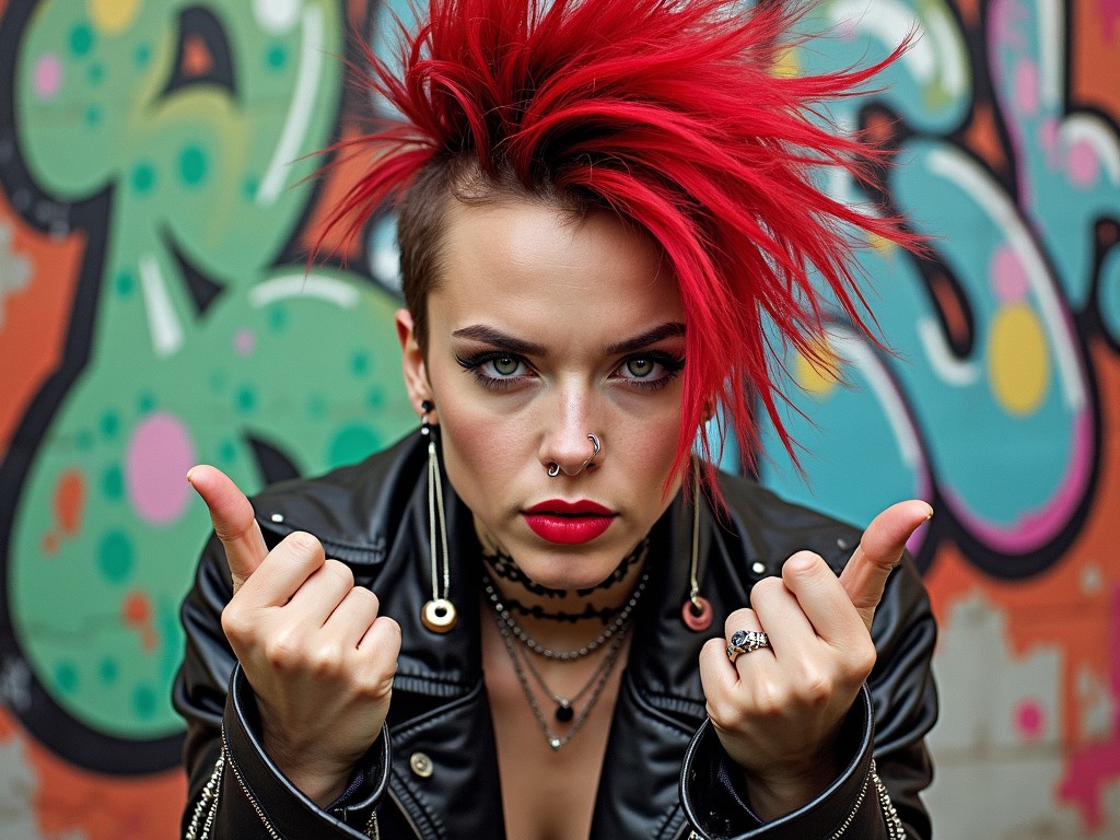 A person with vibrant red spiky hair stands against a colorful graffiti wall, exuding a bold and defiant attitude. The individual wears a black leather jacket adorned with chains and piercings, enhancing their rebellious punk appearance. The contrasting bright hair and dark clothing juxtapose with the vibrant, abstract shapes of the graffiti, creating a vivid and dynamic urban scene.