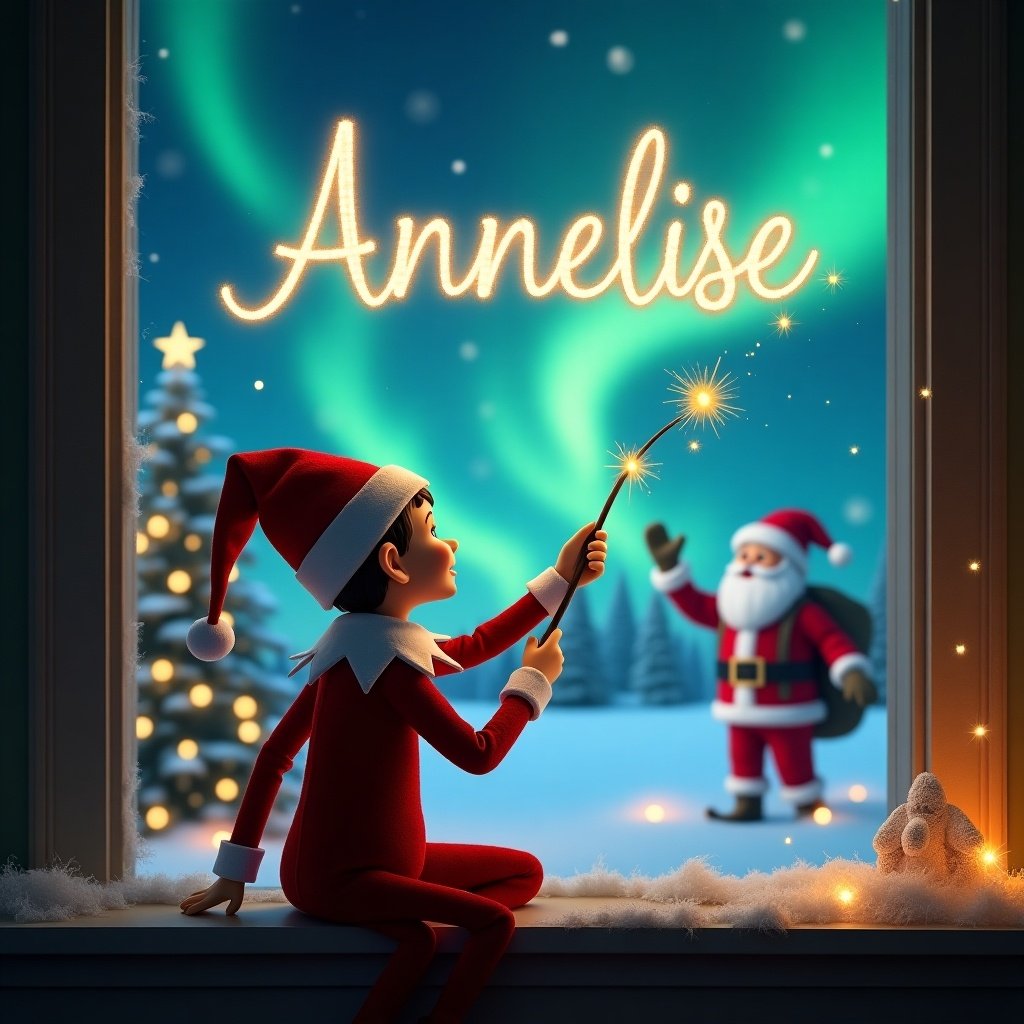 The image depicts an adorable elf on the shelf, happily sitting by a window. With his back turned towards the viewer, he faces the night sky using a sparkly wand. The elf is elegantly writing the name 'Annelise' in the air. In the background, we see a magical Christmas scene illuminated by stunning northern lights. Santa is present in the scene, adding to the festive charm. The warm glow from the window enhances the holiday spirit of this enchanting moment.