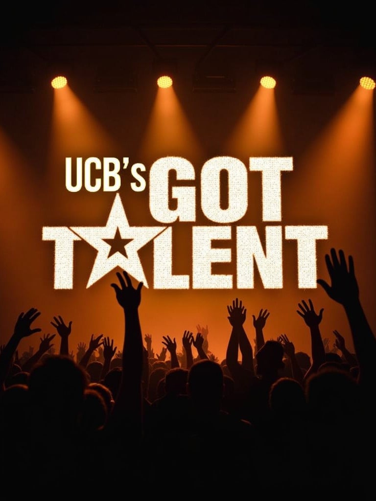 Bold modern typography featuring UCB's GOT TALENT text. The O in GOT is designed as a star. Enthusiastic crowd silhouette enjoying the performance. Dynamic spotlight scene creates excitement. Black and orange color scheme enhances atmosphere.