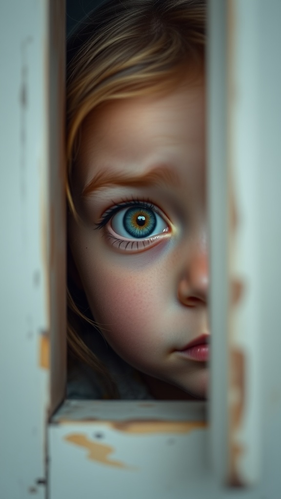 A young child peers through a narrow gap in a door or window, their large blue eye prominently catching the viewer's attention. The image is closely cropped, focusing on the child's expression which exudes curiosity and wonder. The warm lighting highlights the child's features against the softly blurred background.