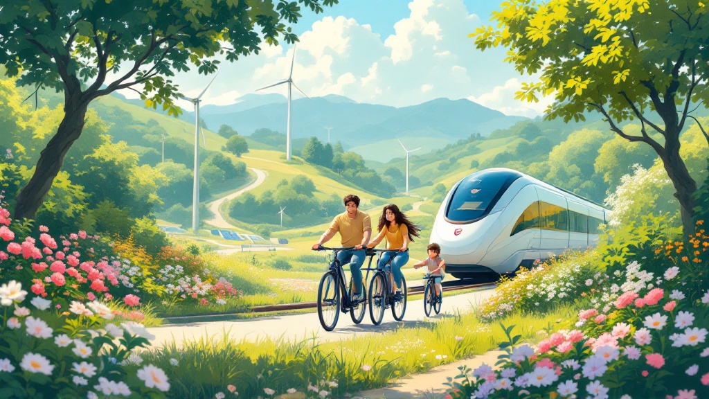 Solarpunk-inspired comic-style illustration. Happy family with two children rides along a well-maintained bike path. Surrounded by lush greenery and vibrant flowers. Parents on tandem bikes, children on their own bikes. All smiling. In background, a modern train glides through the landscape powered by clean energy. Bright sun shines, casting warm glow over scene. Solar panels and wind turbines visible in distance. Calm and harmonious atmosphere full of optimism. Soft painterly textures and dynamic lighting blend nature and technology.