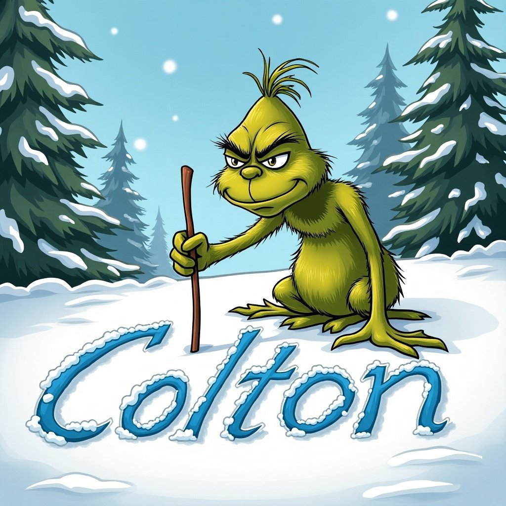 The Grinch writing Colton in the snow. Character has green fur and a mischievous expression. Snowy background with pine trees. The name Colton is written in blue letters in the snow.