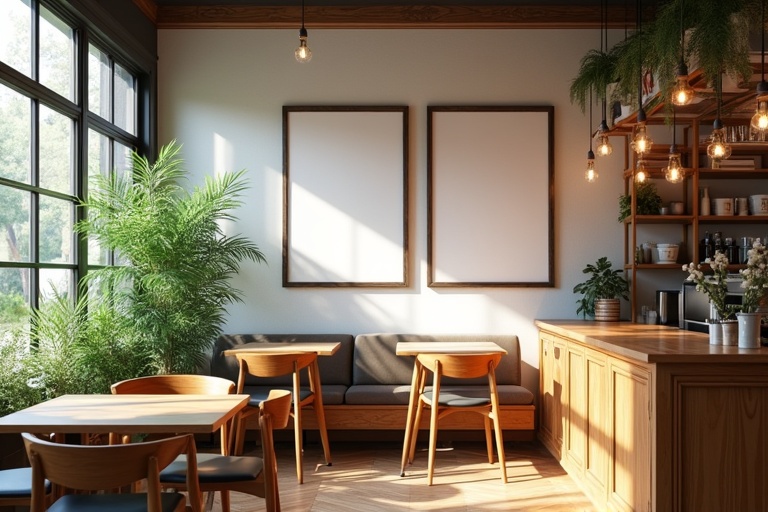 Charming café interior with warm setup. Large windows provide natural light. Wall has two empty frames. Lush greenery enhances cozy atmosphere. Modern wooden tables and chairs create a relaxing spot.