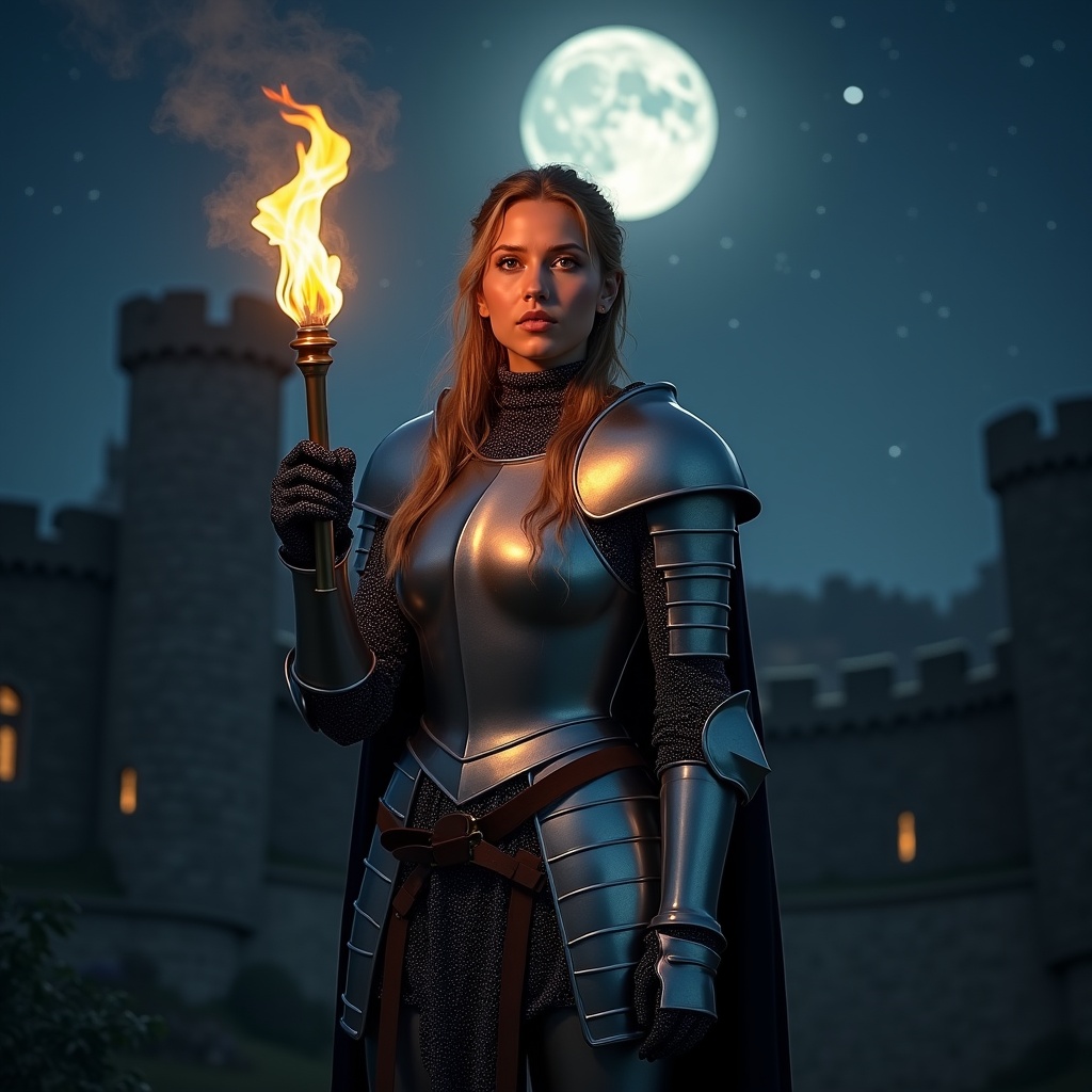 Captivating image of a female knight under moonlight. She wears shining armor and holds a glowing torch. Her determined expression signifies strength. A medieval castle and a starlit sky enhance the mystical atmosphere.