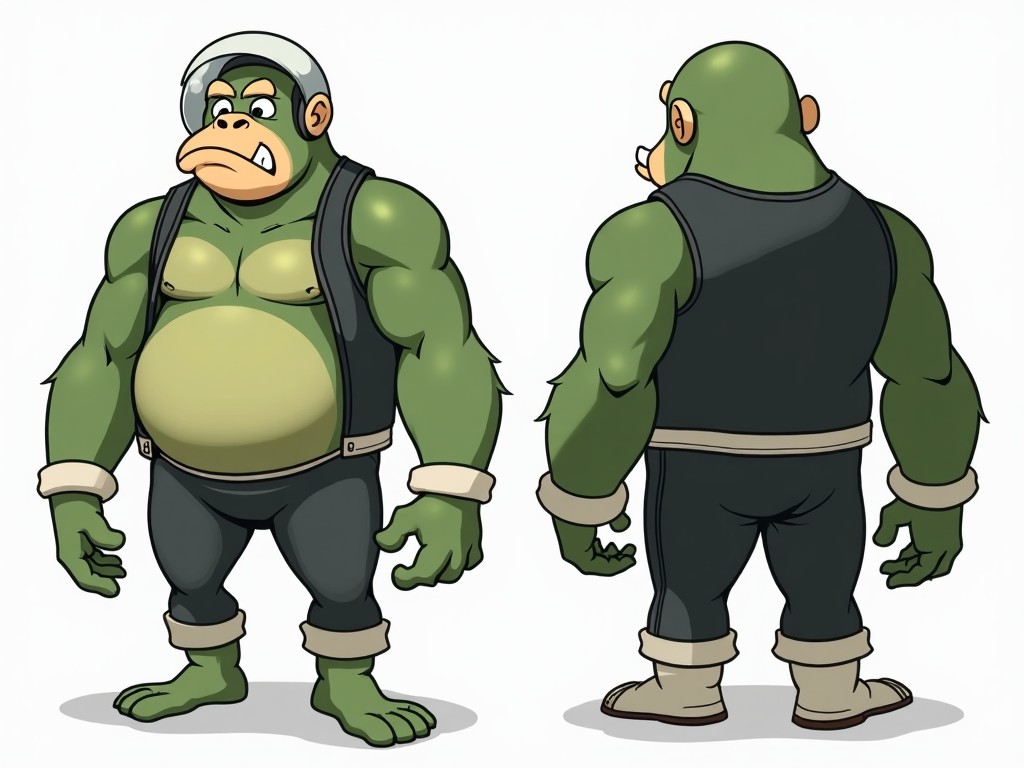 This image features a cartoon character turn-around sheet showing a big fat green bald space gorilla. The character has long muscular arms and a fat stomach with small thin legs. His facial features include a small nose, a thick upper lip with two bucked front teeth, and no hair. He's dressed in a small white helmet, a black vest, and black space pants, along with plain white gloves and boots. The sheet displays front, side, and back views to provide a complete visual reference of the character.