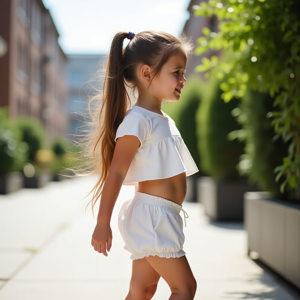 Young girl with long hair wearing a white outfit. Standing outdoors in an urban setting. Smiling softly, turning slightly. Background features buildings and greenery.